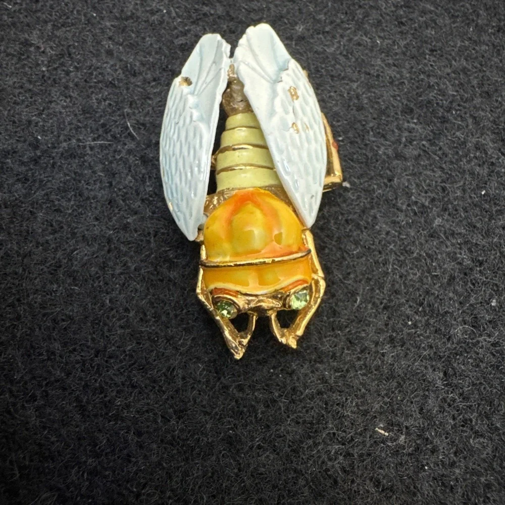 Vintage 1950's Gorgeous Enamel Cicada Brooch Multicolored Gold Tone